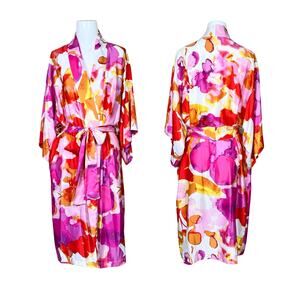 Natori | Abstract Pink White Satin Kimono Sleeve Tie Waist Knee Length Robe M